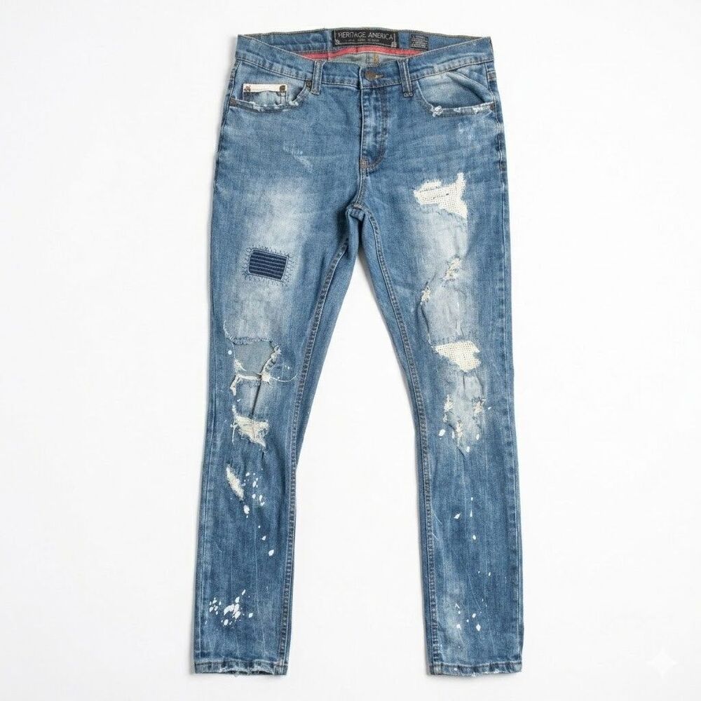 Heritage America Distressed Jeans Men’s 36x33 Denim Destroyed Paint Splatter